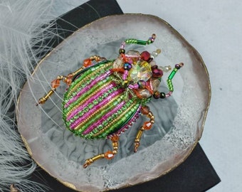 Beetle beaded brooch, Bug pin, Unique embroidery broach