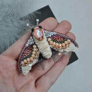 Moth Beaded Pin, Butterfly Embroidery Brooch,  Baige Moth Brooch Pin