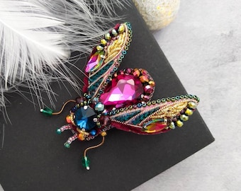 Broche cigale en perles Broche scarabée Broche mouche Broche brodée Broche insecte Bijoux tendance Bijoux uniques Broche insecte