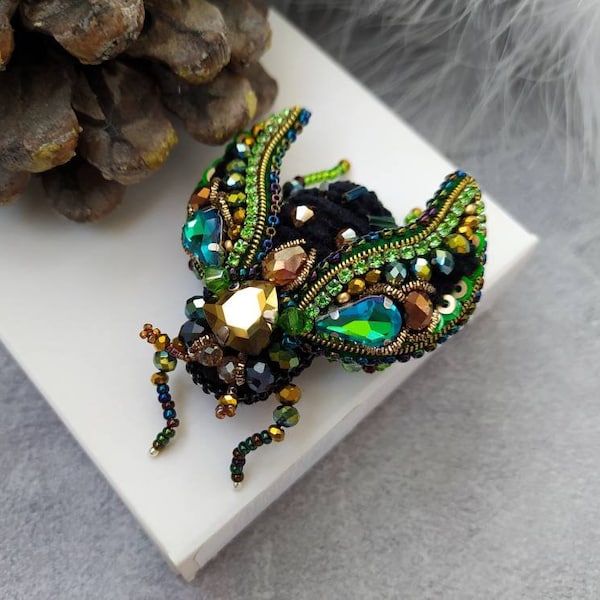 Embroidery beaded brooch Beaded beetle brooch pin Insect brooch Statement jewelry Unique jewelry Bug pin 40th birthday gifts for women