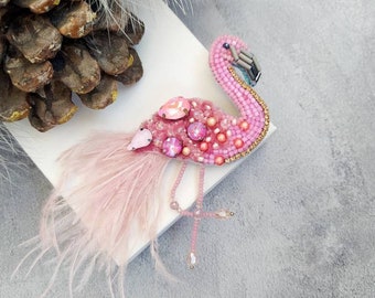 Seed beaded Flamingo brooch: Embroidery Bird pin, Animal accessories