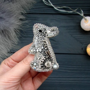 Rabbit brooch pin Embroidered brooch Seed Beaded brooch Animal brooch Rabbit Jewelry Hare brooch pin badge Unique gift Christmas in july