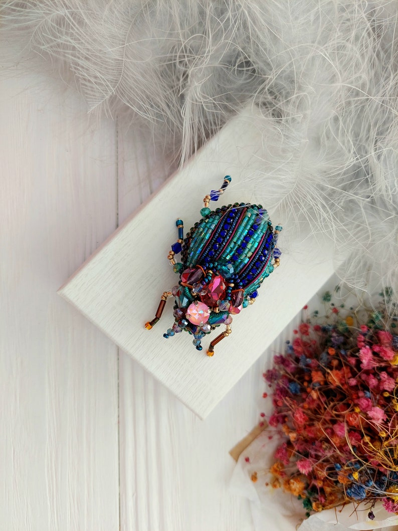 Embroidery beaded brooch Insect art Art glass brooch Stag Beetle brooch pin Animal Nature jewelry Bug jewelry Bug pin 21st birthday gift image 4