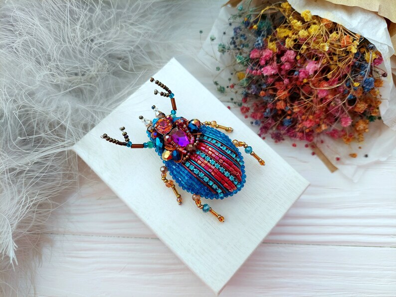 Embroidery beaded brooch Stag Beetle brooch pin Art glass brooch Insect art Animal Nature jewelry Bug jewelry Bug pin 21st birthday gift image 10