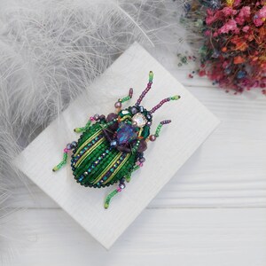 Peut inclure: Une broche en forme de scarab&eacute;e en perles vertes et violettes avec un strass transparent au centre. La broche est sur une bo&icirc;te blanche.