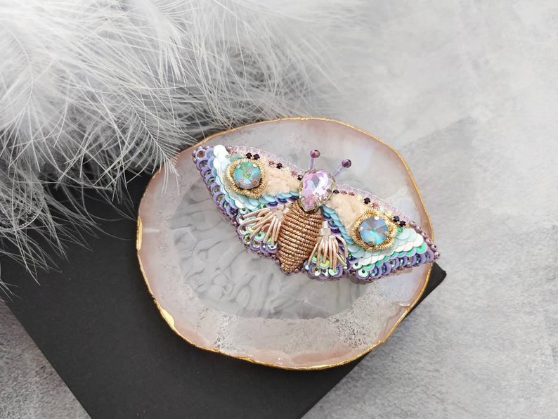 Beaded Butterfly brooch pin, Moth brooch pin, Beetle brooch pin, Art glass brooch, Embroidery beaded brooch, Bug jewelry, Sparkle brooch image 8