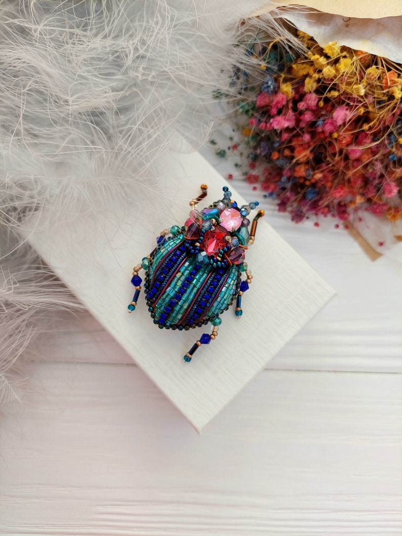 Embroidery beaded brooch Insect art Art glass brooch Stag Beetle brooch pin Animal Nature jewelry Bug jewelry Bug pin 21st birthday gift image 3