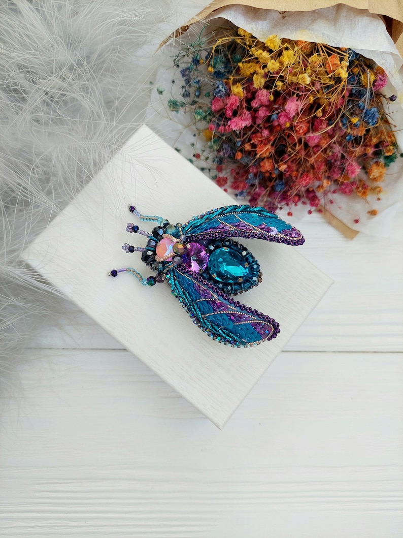 Beaded Cicada brooch pin Beetle brooch pin Fly brooch pin Embroidered brooch Insect brooch Statement jewelry Unique jewelry Bug brooch pin image 10
