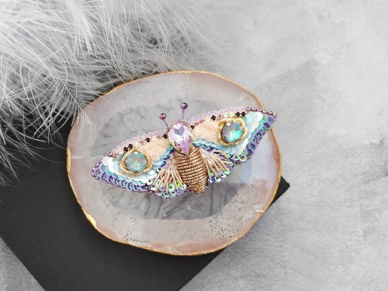 Beaded Butterfly brooch pin, Moth brooch pin, Beetle brooch pin, Art glass brooch, Embroidery beaded brooch, Bug jewelry, Sparkle brooch image 4