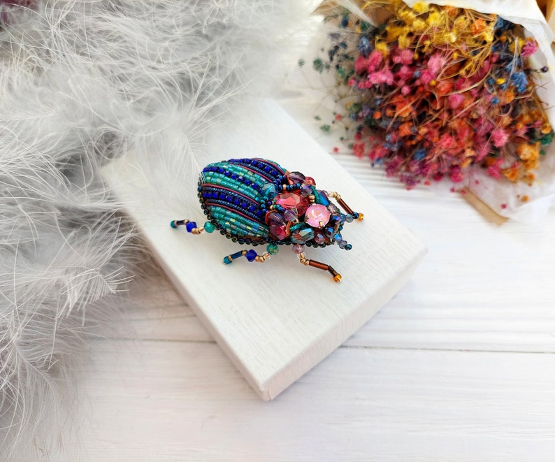 Embroidery beaded brooch Insect art Art glass brooch Stag Beetle brooch pin Animal Nature jewelry Bug jewelry Bug pin 21st birthday gift image 1