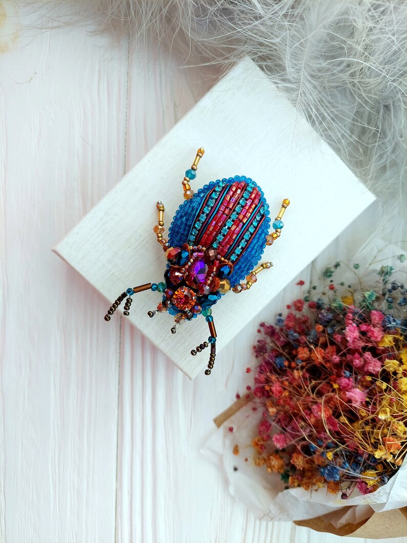 Embroidery beaded brooch Stag Beetle brooch pin Art glass brooch Insect art Animal Nature jewelry Bug jewelry Bug pin 21st birthday gift image 3