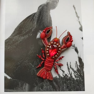 Lobster crawfish brooch pin, Lobster rhinestone jewelry, Beaded embroidery Crab brooch, Marine brooch, Sea creature brooch image 5