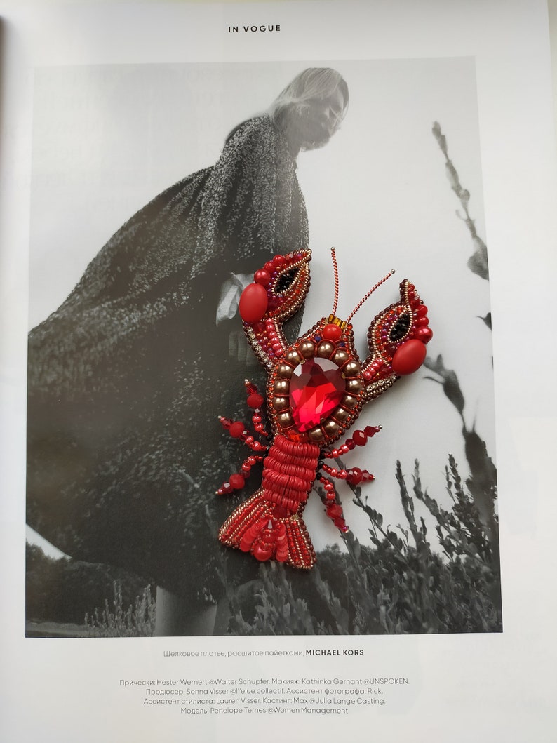 Lobster crawfish brooch pin, Lobster rhinestone jewelry, Beaded embroidery Crab brooch, Marine brooch, Sea creature brooch image 5