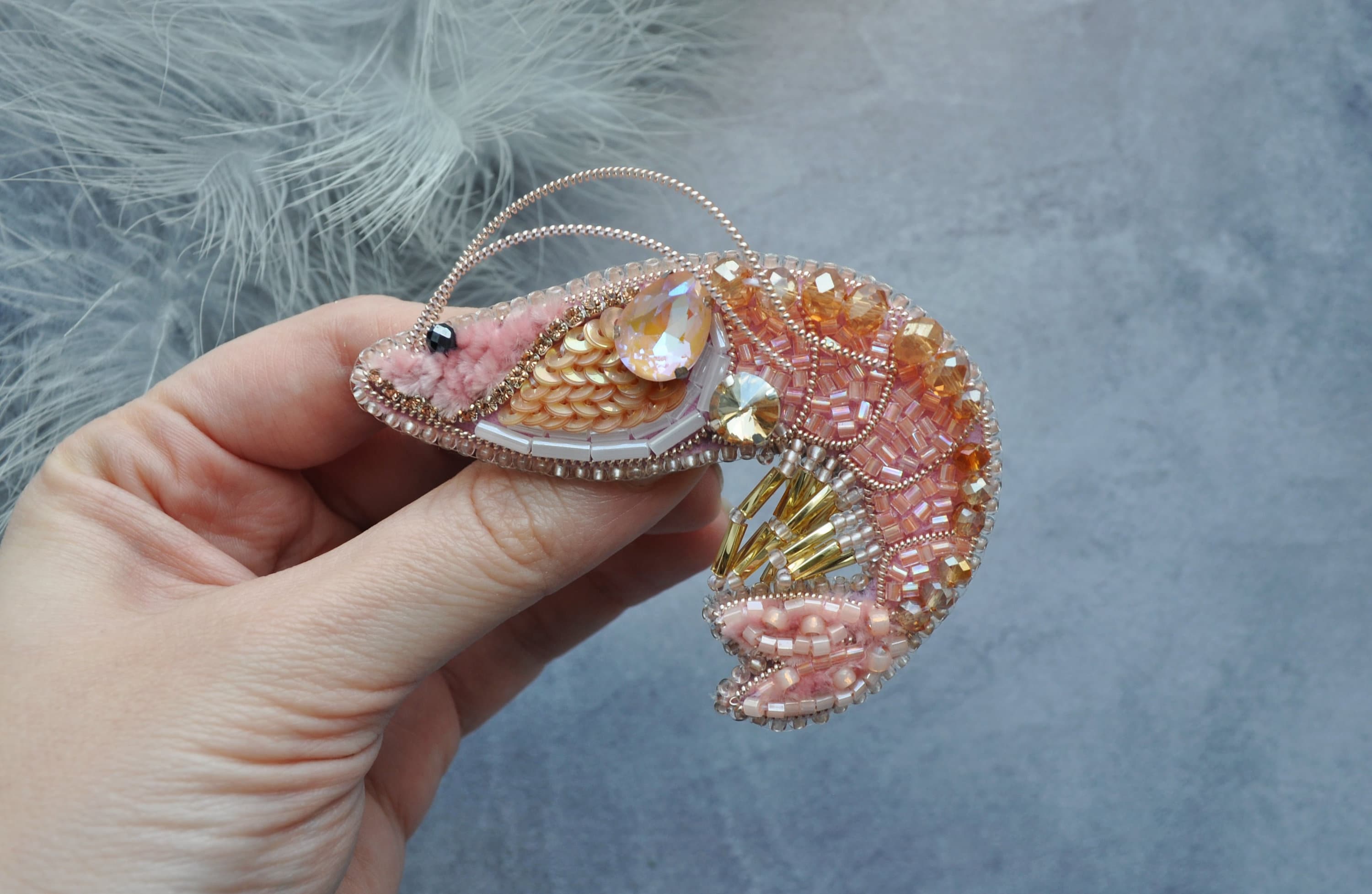 Shrimp Rhinestone Brooch Pin, Beaded embroidery Shrimp Brooch Pin