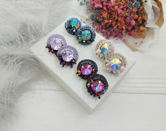 Beaded Circle Minimalist Aesthetic Earrings, Wedding Push Earrings, Elegant Bridal Seed Bead Earrings