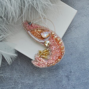 Shrimp Rhinestone Brooch Pin, Beaded embroidery Shrimp Brooch Pin image 2