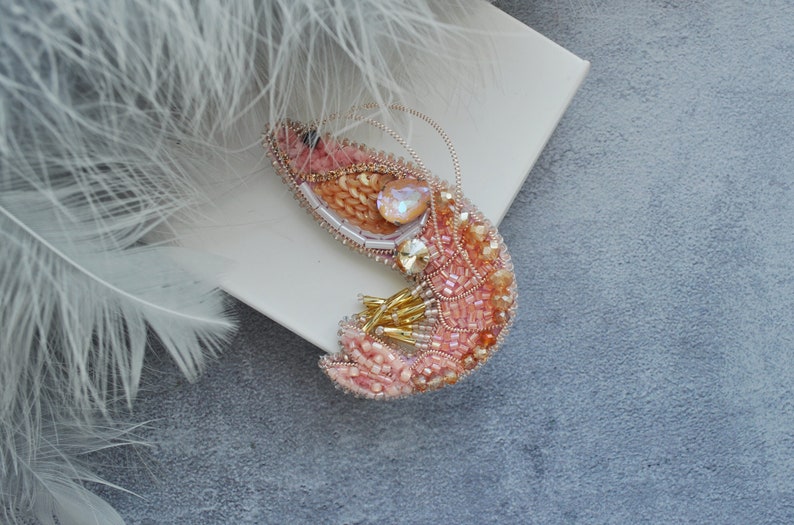 Shrimp Rhinestone Brooch Pin, Beaded embroidery Shrimp Brooch Pin image 2