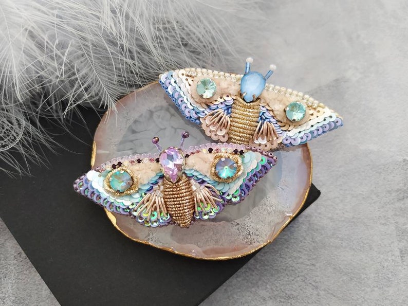 Beaded Butterfly brooch pin, Moth brooch pin, Beetle brooch pin, Art glass brooch, Embroidery beaded brooch, Bug jewelry, Sparkle brooch image 6