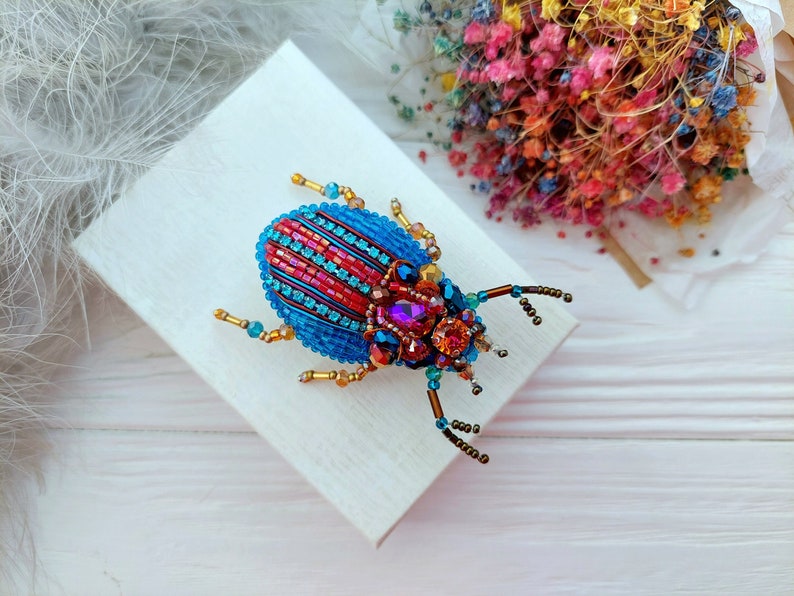 Embroidery beaded brooch Stag Beetle brooch pin Art glass brooch Insect art Animal Nature jewelry Bug jewelry Bug pin 21st birthday gift image 1