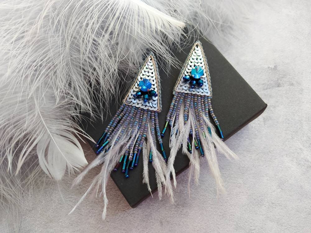 Blue feather earrings Beaded crystal feather earrings Etsy