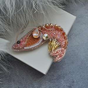 Shrimp Rhinestone Brooch Pin, Beaded embroidery Shrimp Brooch Pin image 4