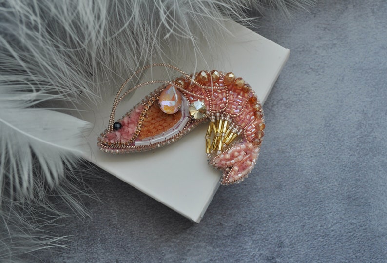 Shrimp Rhinestone Brooch Pin, Beaded embroidery Shrimp Brooch Pin image 4