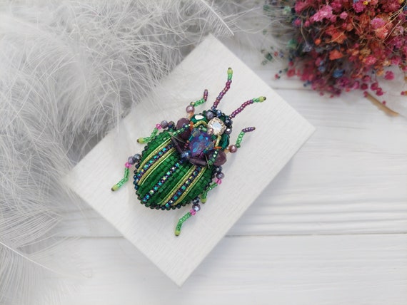 Embroidery beaded brooch, Insect Art glass brooch, Stag Beetle pin, Nature accessories, Bug jewelry