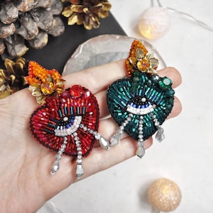 Evil eye brooch pin, Evil eye jewelry, Heart brooch, Fire heart, Beaded Eye brooch Good Luck