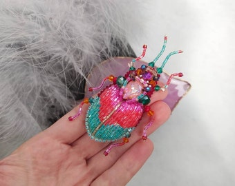 Embroidery beaded Beetle brooch: Art glass Insect art, Animal Nature jewelry, Bug pins