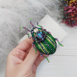 Peut inclure: Une broche en forme de scarab&eacute;e en perles vertes et violettes avec un strass transparent sur le dos. Le scarab&eacute;e a un motif ray&eacute; et est fait de petites perles.