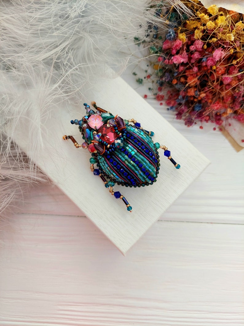 Embroidery beaded brooch Insect art Art glass brooch Stag Beetle brooch pin Animal Nature jewelry Bug jewelry Bug pin 21st birthday gift image 7