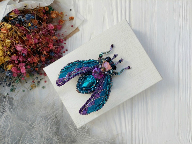 Beaded Cicada brooch pin Beetle brooch pin Fly brooch pin Embroidered brooch Insect brooch Statement jewelry Unique jewelry Bug brooch pin image 7