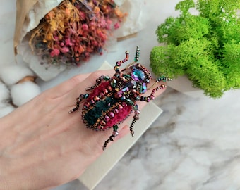Beetle beaded brooch, Bug pins, Unique embroidery jewelry, Burgundy accessories