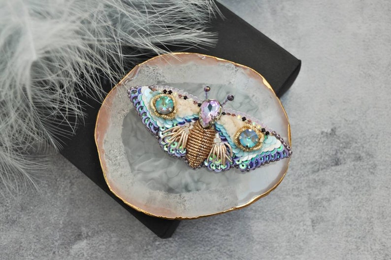 Beaded Butterfly brooch pin, Moth brooch pin, Beetle brooch pin, Art glass brooch, Embroidery beaded brooch, Bug jewelry, Sparkle brooch image 3