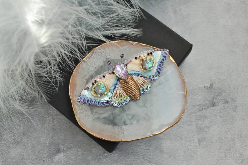 Beaded Butterfly brooch pin, Moth brooch pin, Beetle brooch pin, Art glass brooch, Embroidery beaded brooch, Bug jewelry, Sparkle brooch image 7