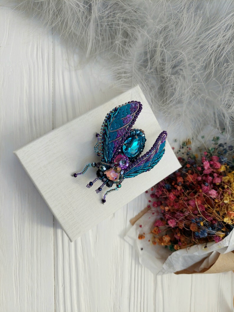 Beaded Cicada brooch pin Beetle brooch pin Fly brooch pin Embroidered brooch Insect brooch Statement jewelry Unique jewelry Bug brooch pin image 5