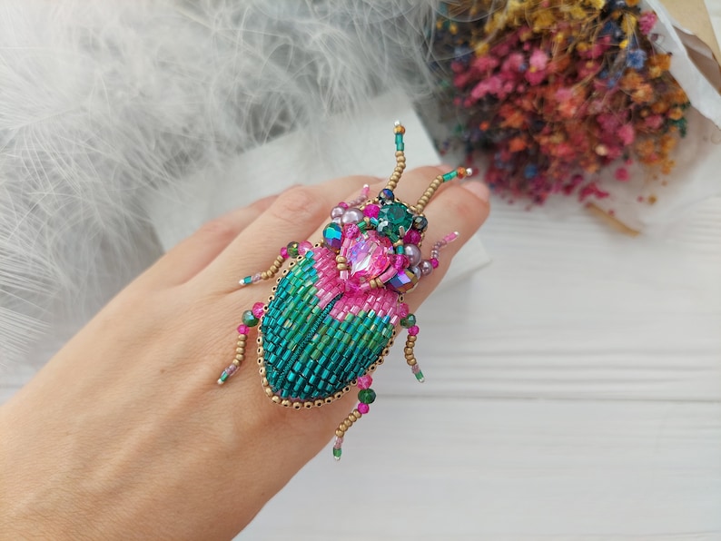 Embroidery beaded brooch Stag Beetle brooch pin Art glass brooch Insect art Animal Nature jewelry Bug jewelry Bug pin 21st birthday gift image 2