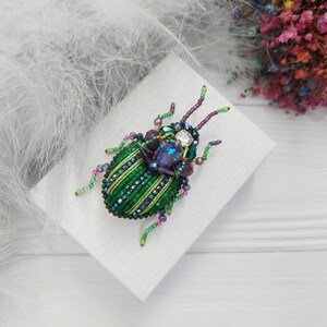 Peut inclure: Une broche en forme de scarab&eacute;e en perles vertes et violettes avec des accents iris&eacute;s. La broche est sur un fond blanc.