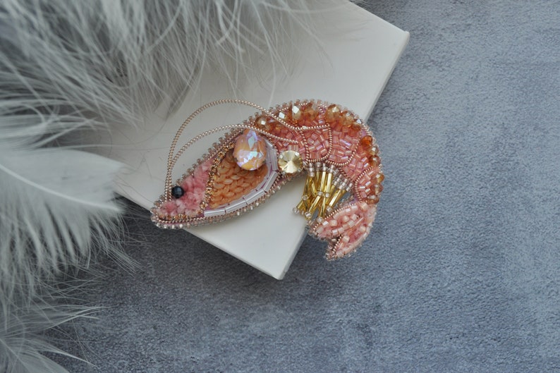 Shrimp Rhinestone Brooch Pin, Beaded embroidery Shrimp Brooch Pin image 3