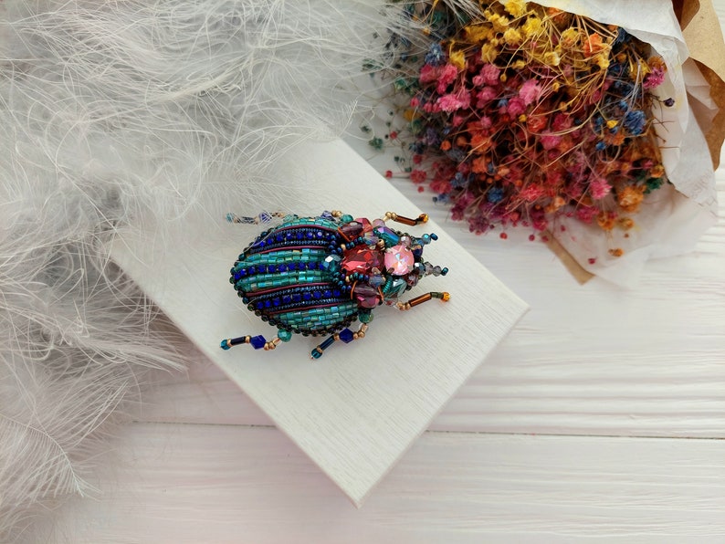 Embroidery beaded brooch Insect art Art glass brooch Stag Beetle brooch pin Animal Nature jewelry Bug jewelry Bug pin 21st birthday gift image 5