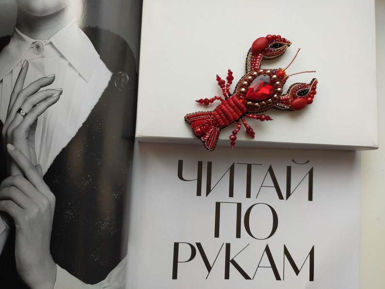 Lobster crawfish brooch pin, Lobster rhinestone jewelry, Beaded embroidery Crab brooch, Marine brooch, Sea creature brooch image 1