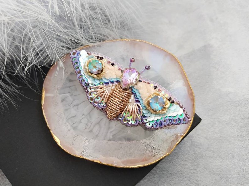 Beaded Butterfly brooch pin, Moth brooch pin, Beetle brooch pin, Art glass brooch, Embroidery beaded brooch, Bug jewelry, Sparkle brooch image 1