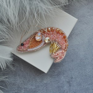 Shrimp Rhinestone Brooch Pin, Beaded embroidery Shrimp Brooch Pin image 5