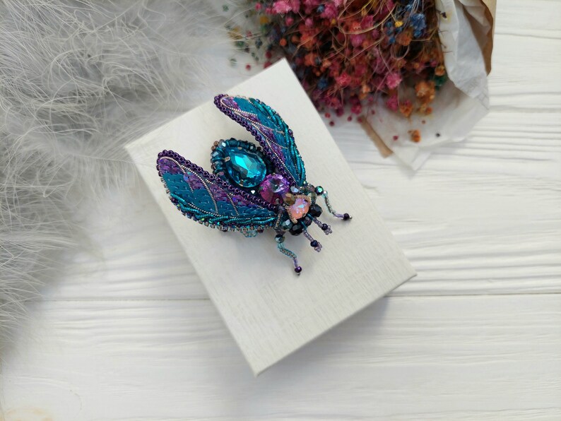 Beaded Cicada brooch pin Beetle brooch pin Fly brooch pin Embroidered brooch Insect brooch Statement jewelry Unique jewelry Bug brooch pin image 4