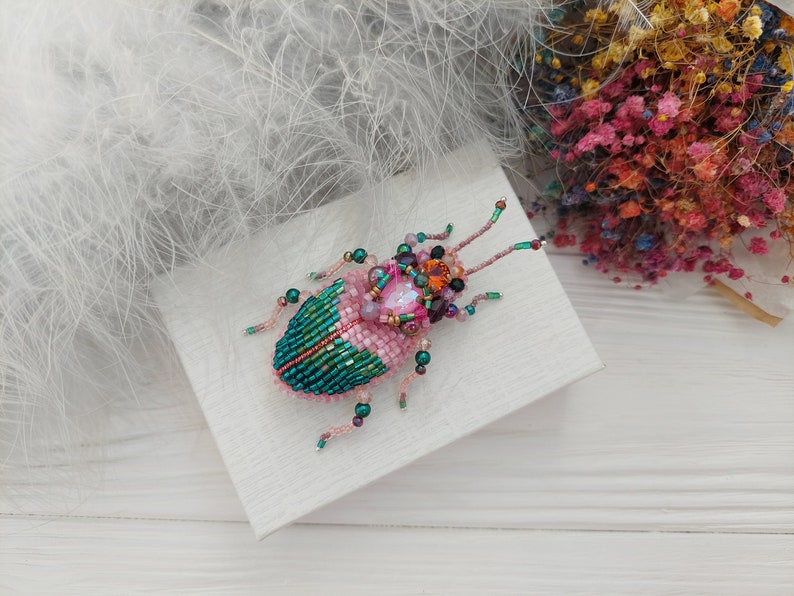 Embroidery beaded brooch Stag Beetle brooch pin Art glass brooch Insect art Animal Nature jewelry Bug jewelry Bug pin 21st birthday gift light pink