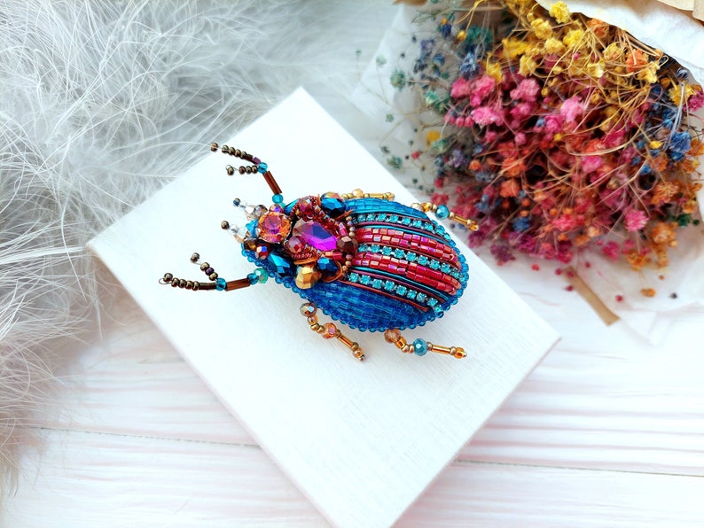 Embroidery beaded brooch Stag Beetle brooch pin Art glass brooch Insect art Animal Nature jewelry Bug jewelry Bug pin 21st birthday gift image 2