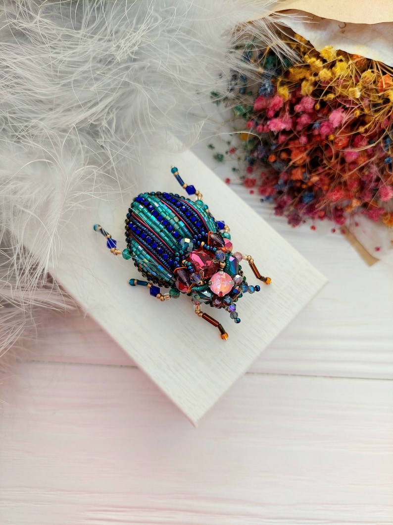 Embroidery beaded brooch Insect art Art glass brooch Stag Beetle brooch pin Animal Nature jewelry Bug jewelry Bug pin 21st birthday gift image 8