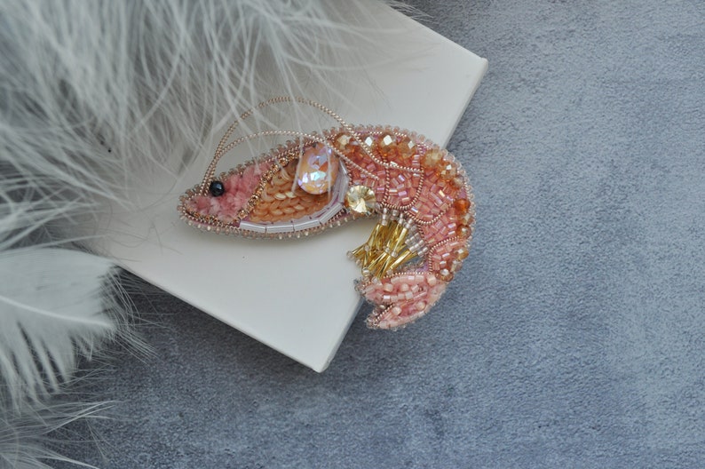 Shrimp Rhinestone Brooch Pin, Beaded embroidery Shrimp Brooch Pin image 6