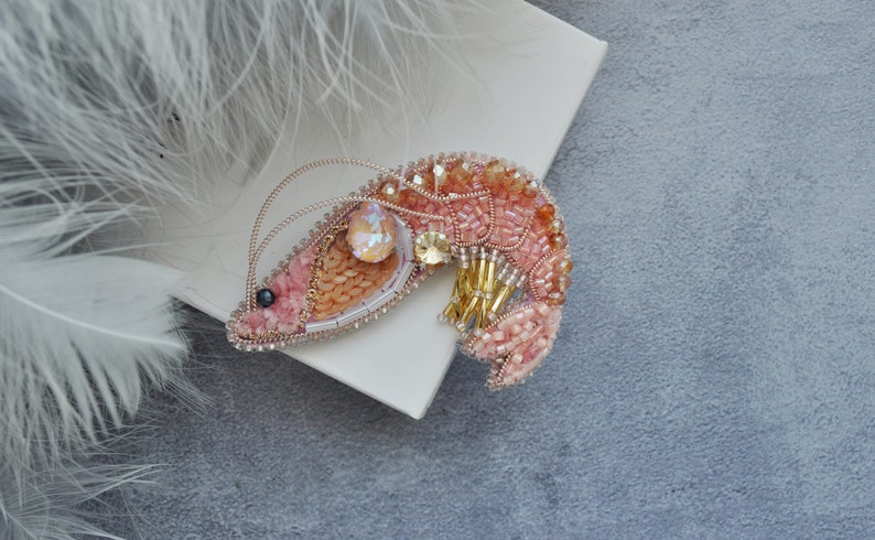 Shrimp Rhinestone Brooch Pin, Beaded embroidery Shrimp Brooch Pin image 9