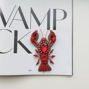 Lobster crawfish brooch pin, Lobster rhinestone jewelry, Beaded embroidery Crab brooch, Marine brooch, Sea creature brooch image 2